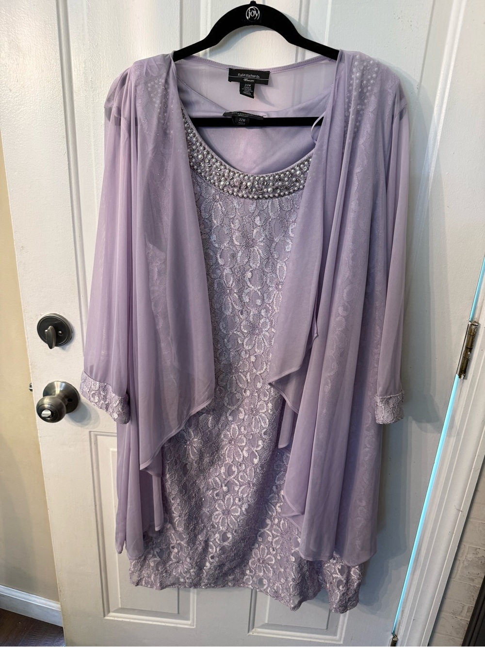 R&M Richards Lavender Beaded Neckline Dress with Sheer Overlay
